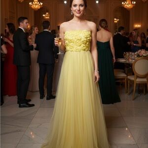 Chic Strapless Yellow Floral Gown